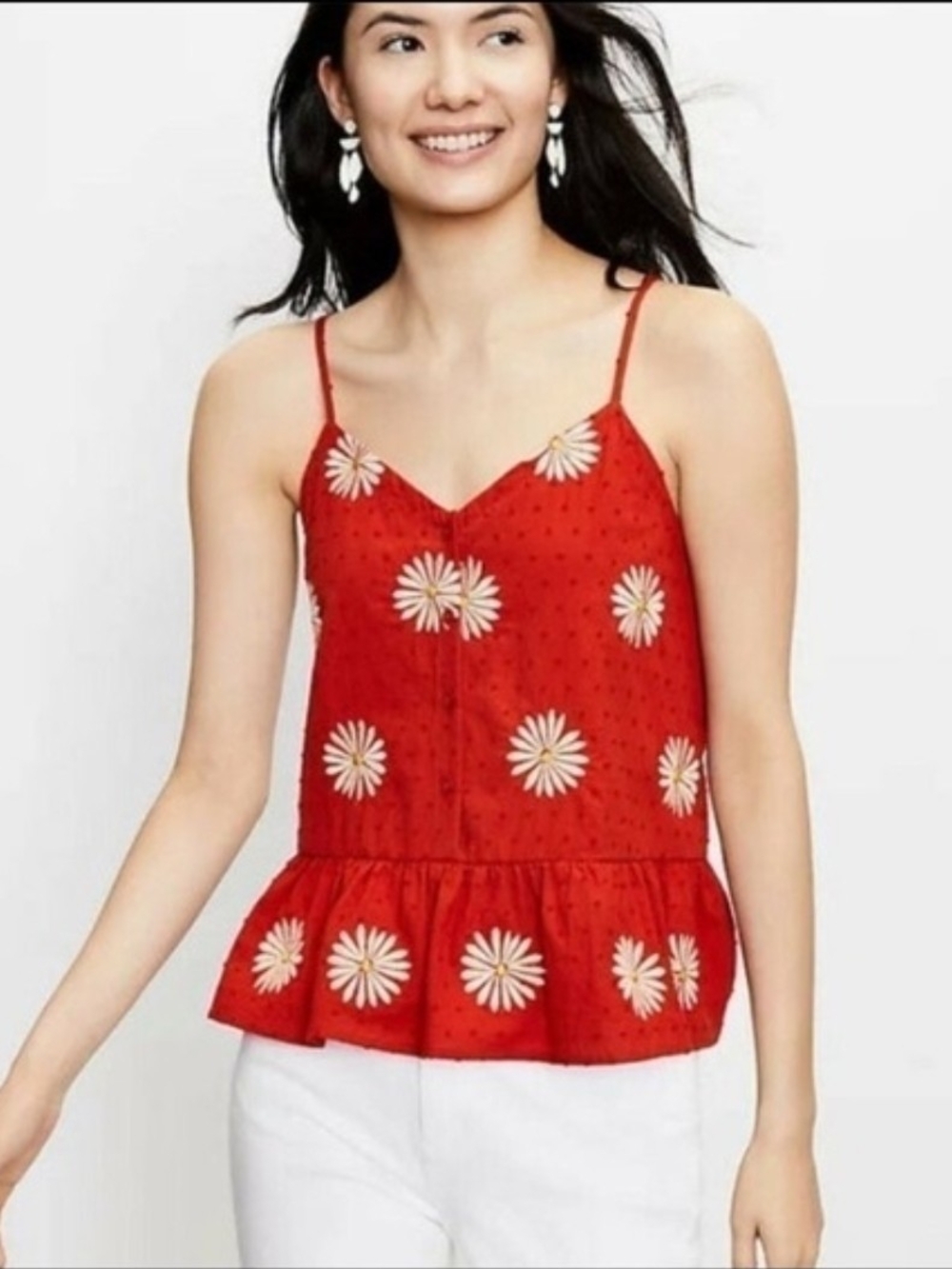 LOFT Red Daisy-Embroidered Peplum Cami New XS Cottagecore Girlhood Festival